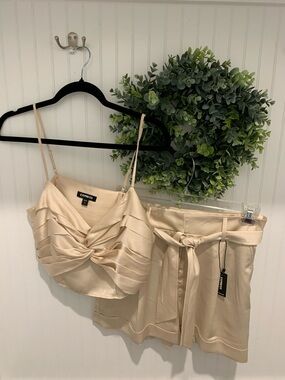 Express Champagne Satin Twist Crop Top & High-Waist Tie Shorts SET  8 NWT